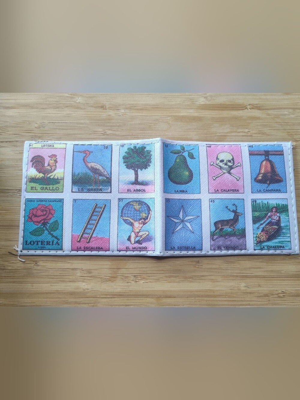 Men's Bifold Wallet with Colorful Lotería Print - Blue, Pink, White